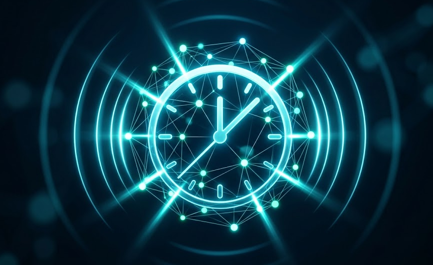 Abstract render of a glowing clock fused with a cyan network mesh, representing NTP time servers syncing across a network.