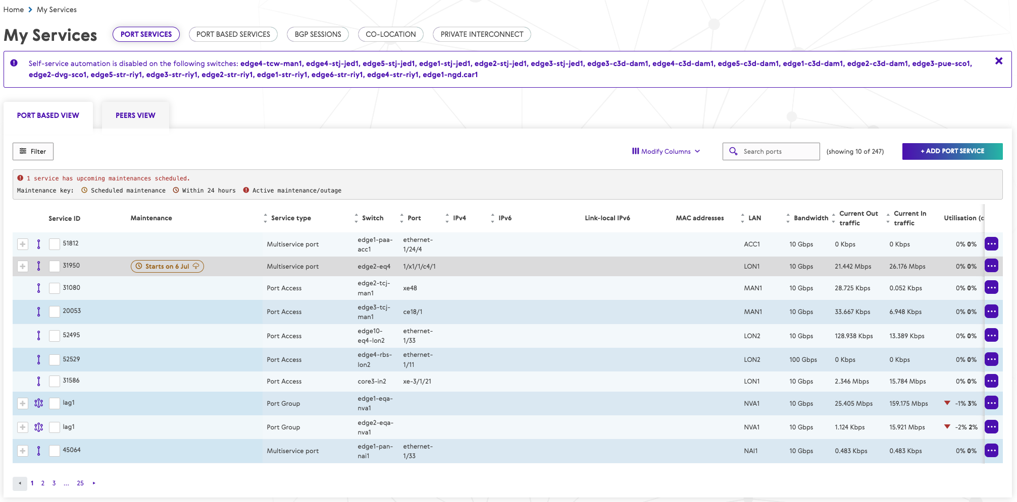 Service health and maintenance status in My Services