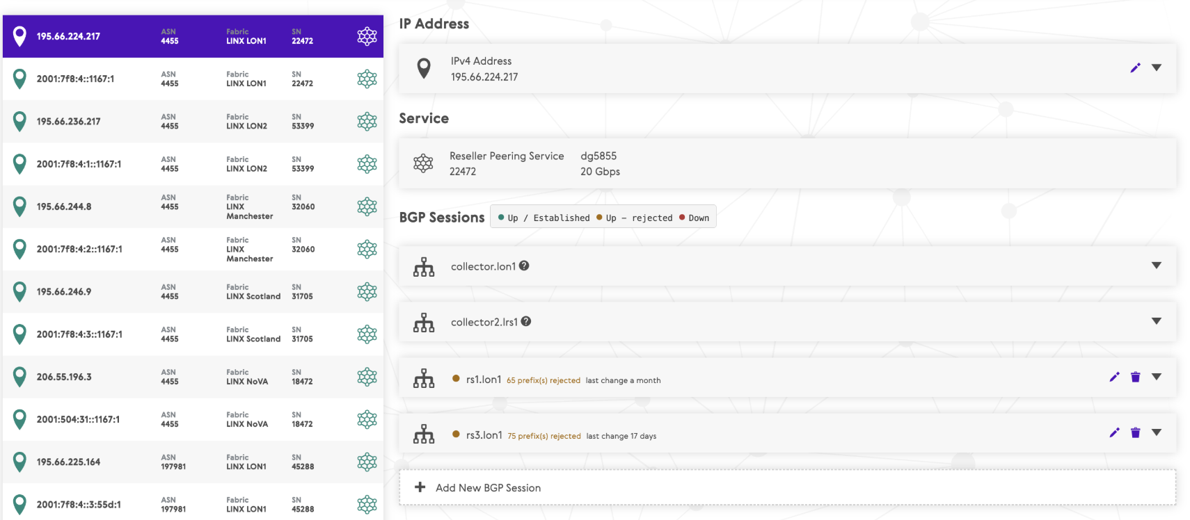 BGP session health view in the LINX Portal